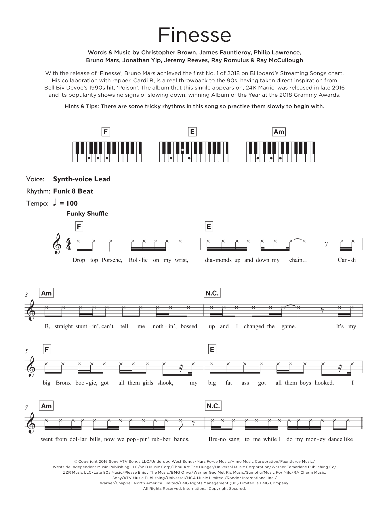 Bruno Mars Finesse (feat. Cardi B) sheet music notes and chords arranged for Keyboard (Abridged)