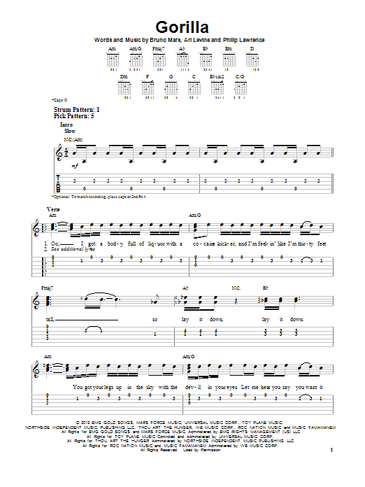 Bruno Mars Gorilla sheet music notes and chords. Download Printable PDF.