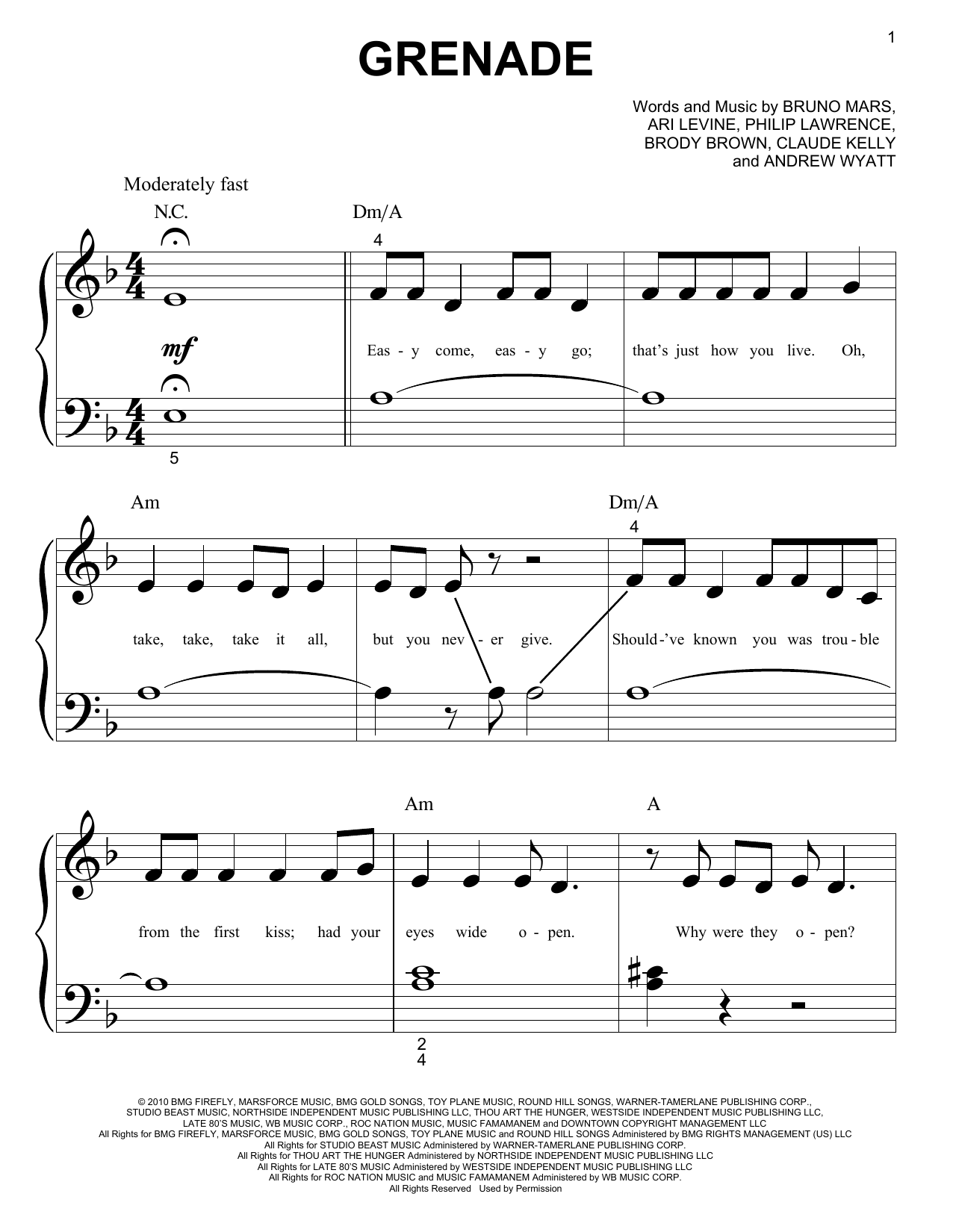 Bruno Mars Grenade sheet music notes and chords. Download Printable PDF.