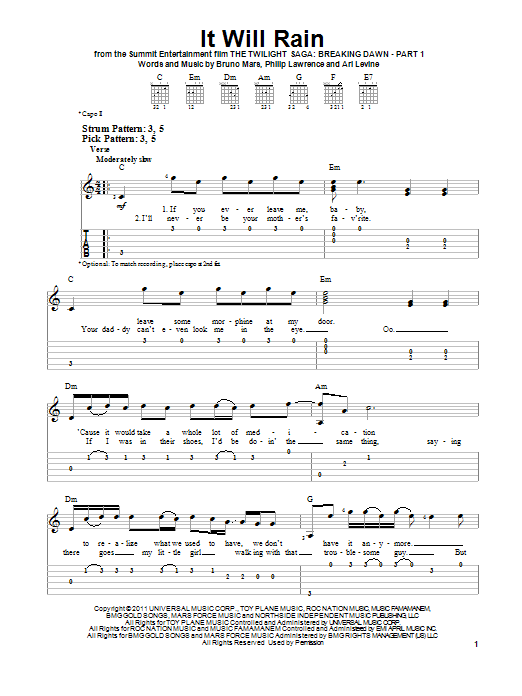 Bruno Mars It Will Rain sheet music notes and chords. Download Printable PDF.