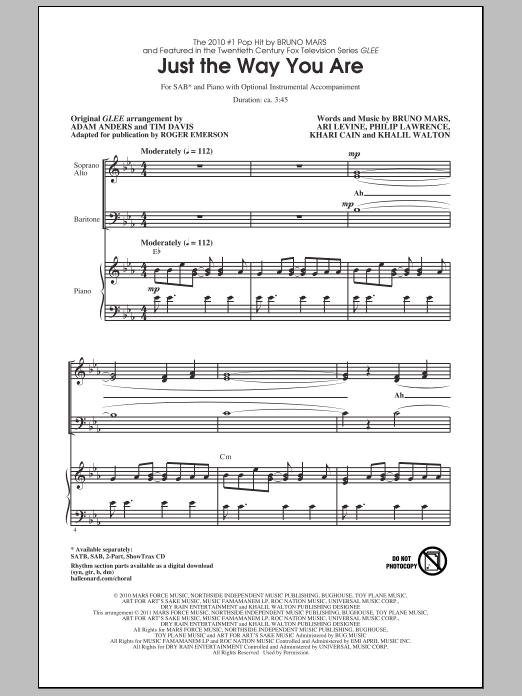 Bruno Mars Just The Way You Are (from Glee) (arr. Roger Emerson) sheet music notes and chords. Download Printable PDF.