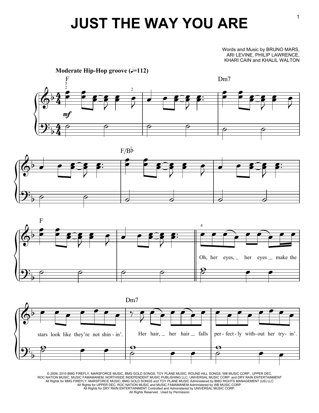 Bruno Mars Just The Way You Are sheet music notes and chords arranged for Easy Bass Tab