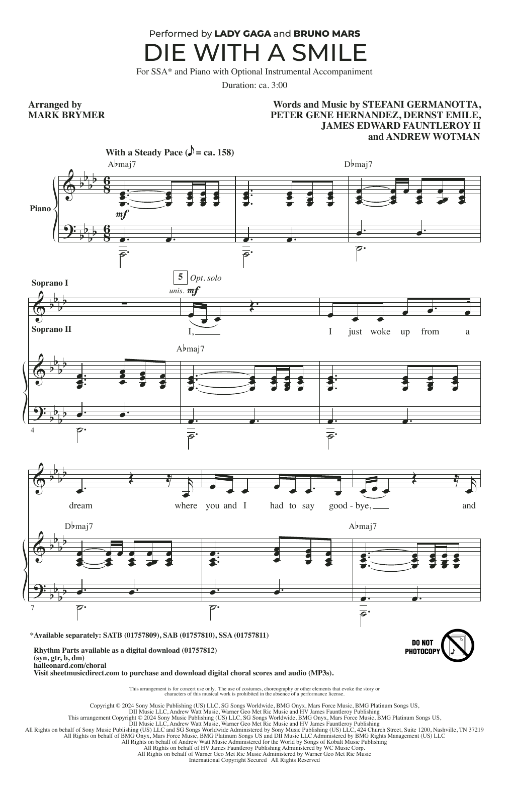 Bruno Mars & Lady Gaga Die With A Smile (arr. Mark Brymer) sheet music notes and chords. Download Printable PDF.