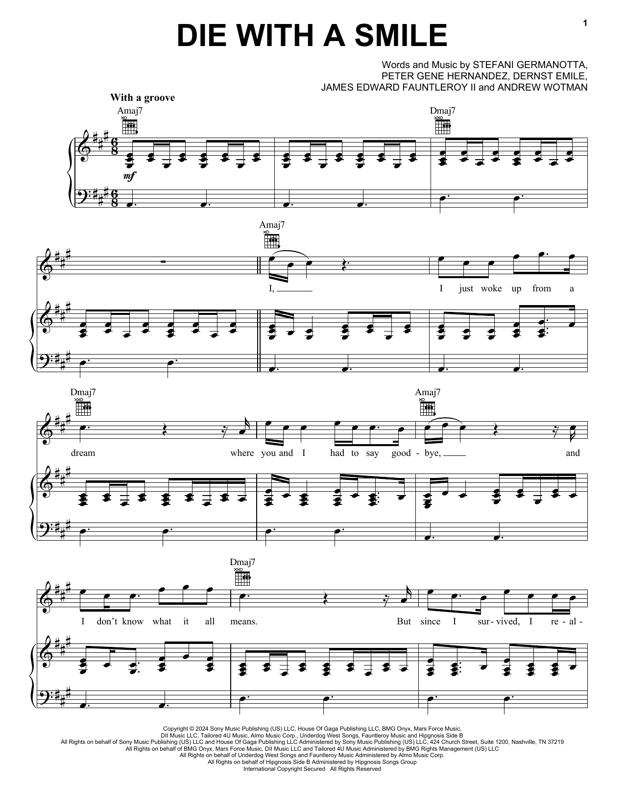 Bruno Mars & Lady Gaga Die With A Smile sheet music notes and chords. Download Printable PDF.