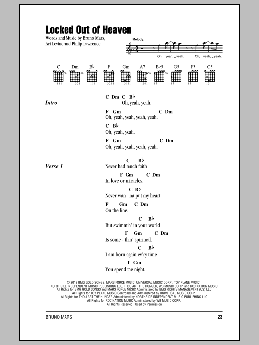 Bruno Mars Locked Out Of Heaven sheet music notes and chords arranged for Real Book – Melody, Lyrics & Chords