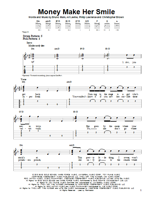 Bruno Mars Money Make Her Smile sheet music notes and chords. Download Printable PDF.