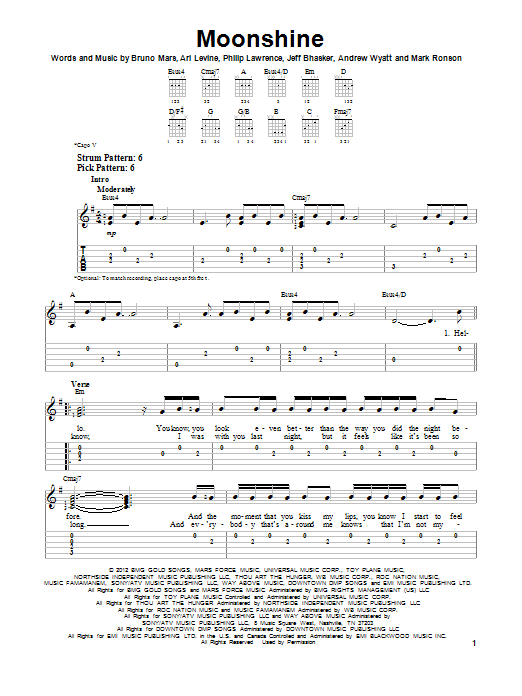 Bruno Mars Moonshine sheet music notes and chords. Download Printable PDF.