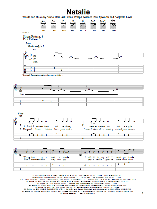 Bruno Mars Natalie sheet music notes and chords. Download Printable PDF.