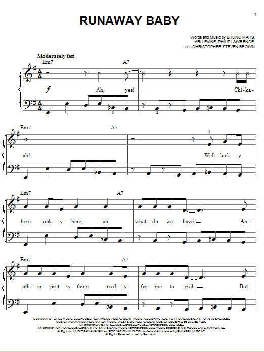 Bruno Mars Runaway Baby sheet music notes and chords. Download Printable PDF.