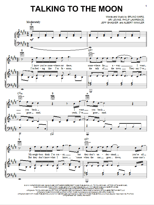 Bruno Mars Talking To The Moon sheet music notes and chords. Download Printable PDF.