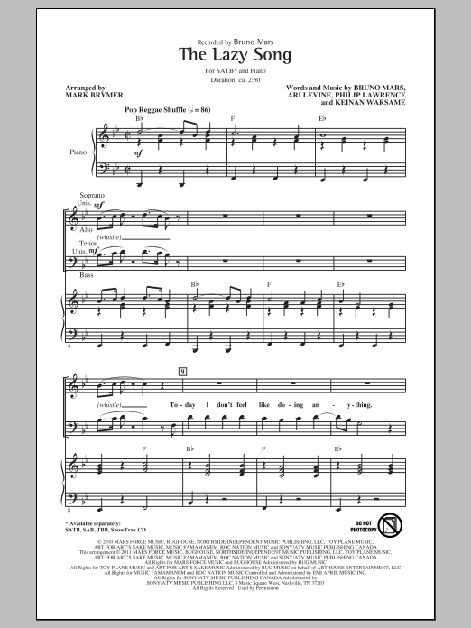 Bruno Mars The Lazy Song (arr. Mark Brymer) sheet music notes and chords. Download Printable PDF.