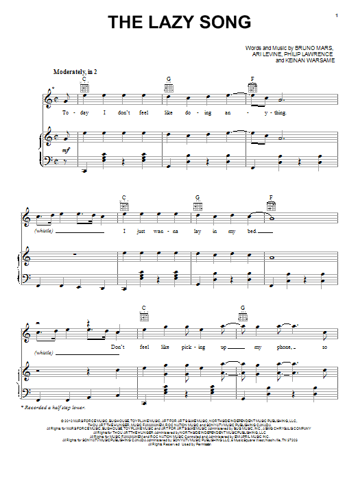 Bruno Mars The Lazy Song sheet music notes and chords. Download Printable PDF.