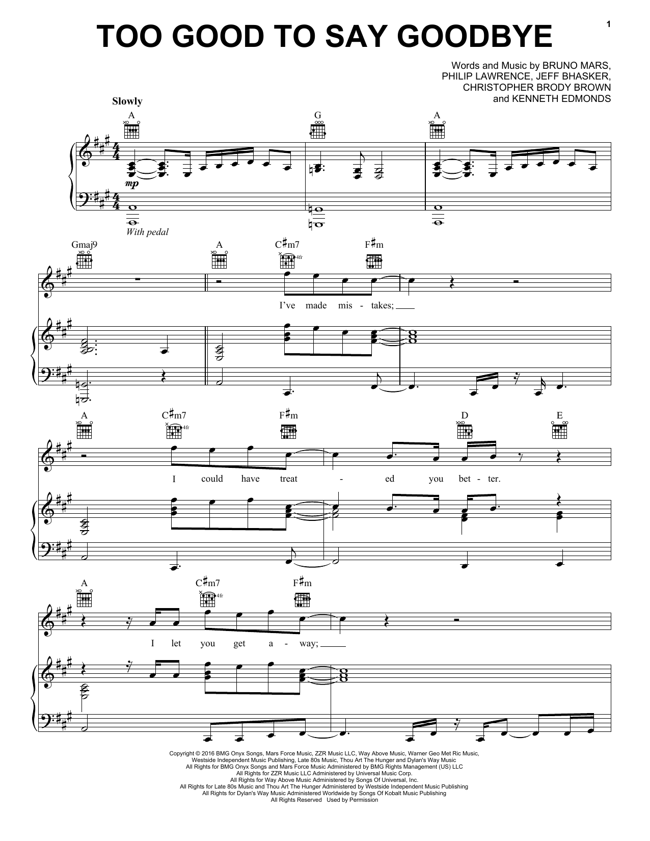 Bruno Mars Too Good To Say Goodbye sheet music notes and chords. Download Printable PDF.