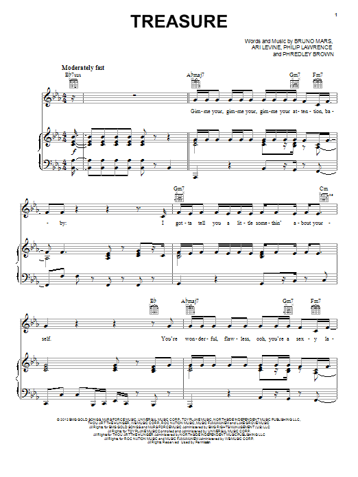 Bruno Mars Treasure sheet music notes and chords. Download Printable PDF.