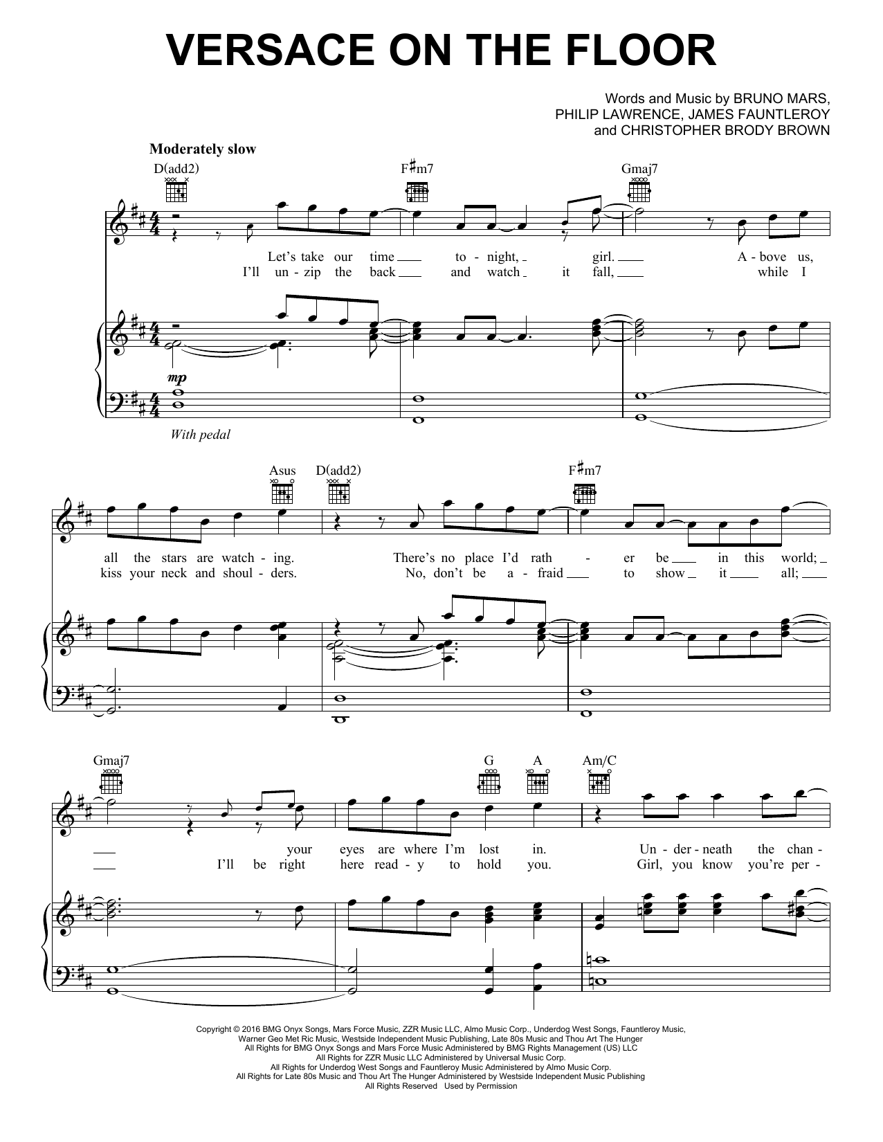 Bruno Mars Versace On The Floor sheet music notes and chords. Download Printable PDF.