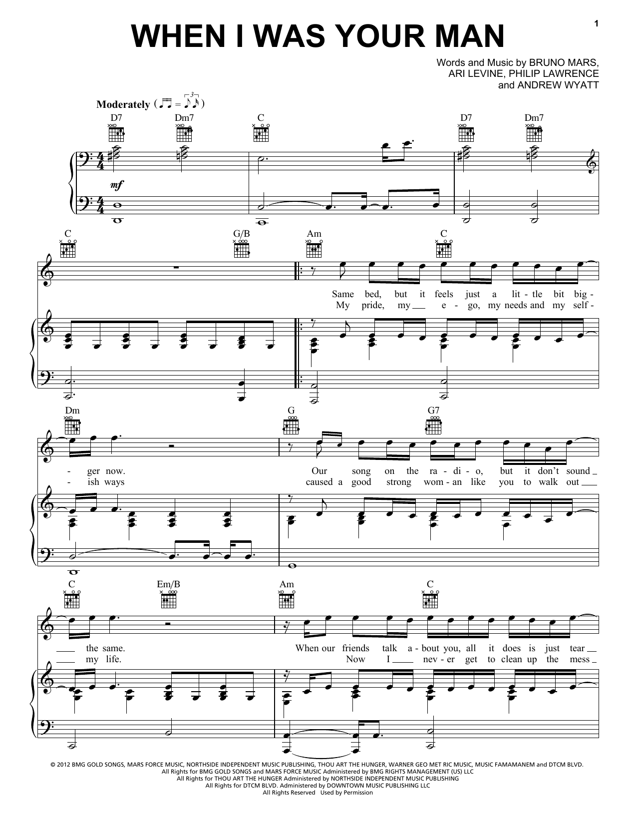 Bruno Mars When I Was Your Man sheet music notes and chords. Download Printable PDF.