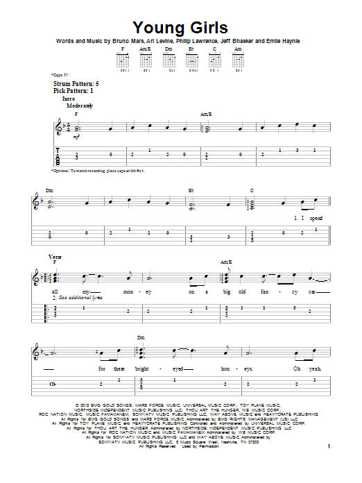 Bruno Mars Young Girls sheet music notes and chords. Download Printable PDF.