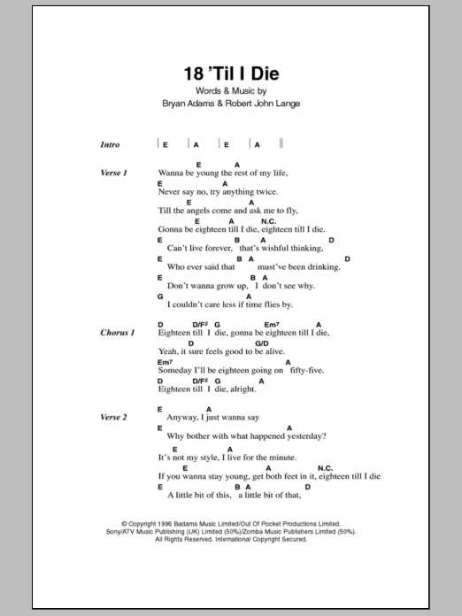 Bryan Adams 18 'Til I Die sheet music notes and chords. Download Printable PDF.