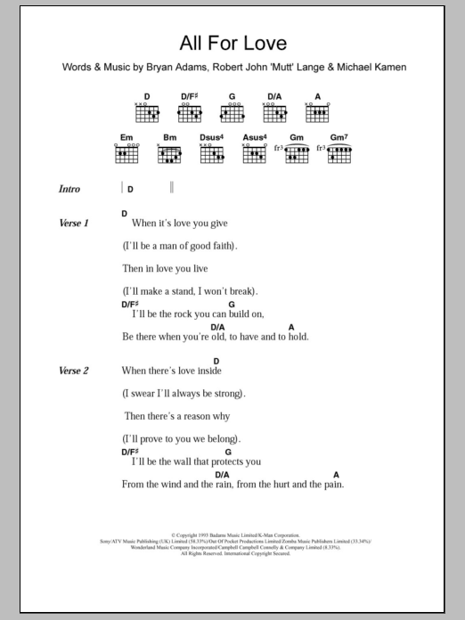 Bryan Adams All For Love sheet music notes and chords. Download Printable PDF.