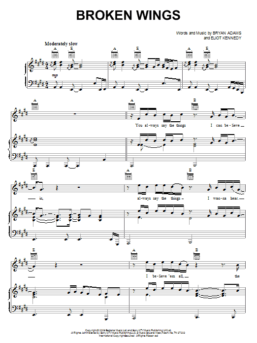 Bryan Adams Broken Wings sheet music notes and chords arranged for Piano, Vocal & Guitar Chords (Right-Hand Melody)