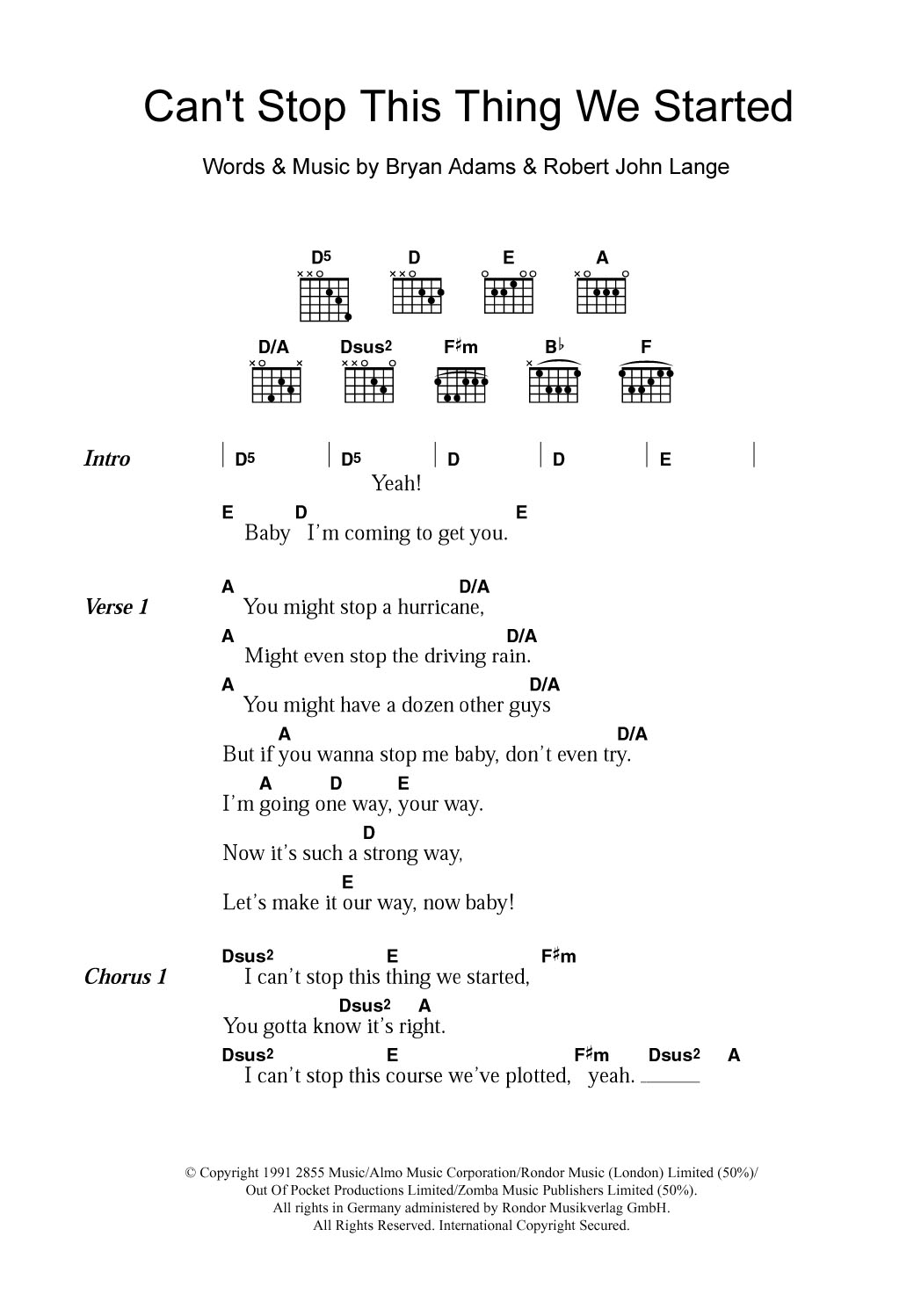 Bryan Adams Can't Stop This Thing We Started sheet music notes and chords. Download Printable PDF.