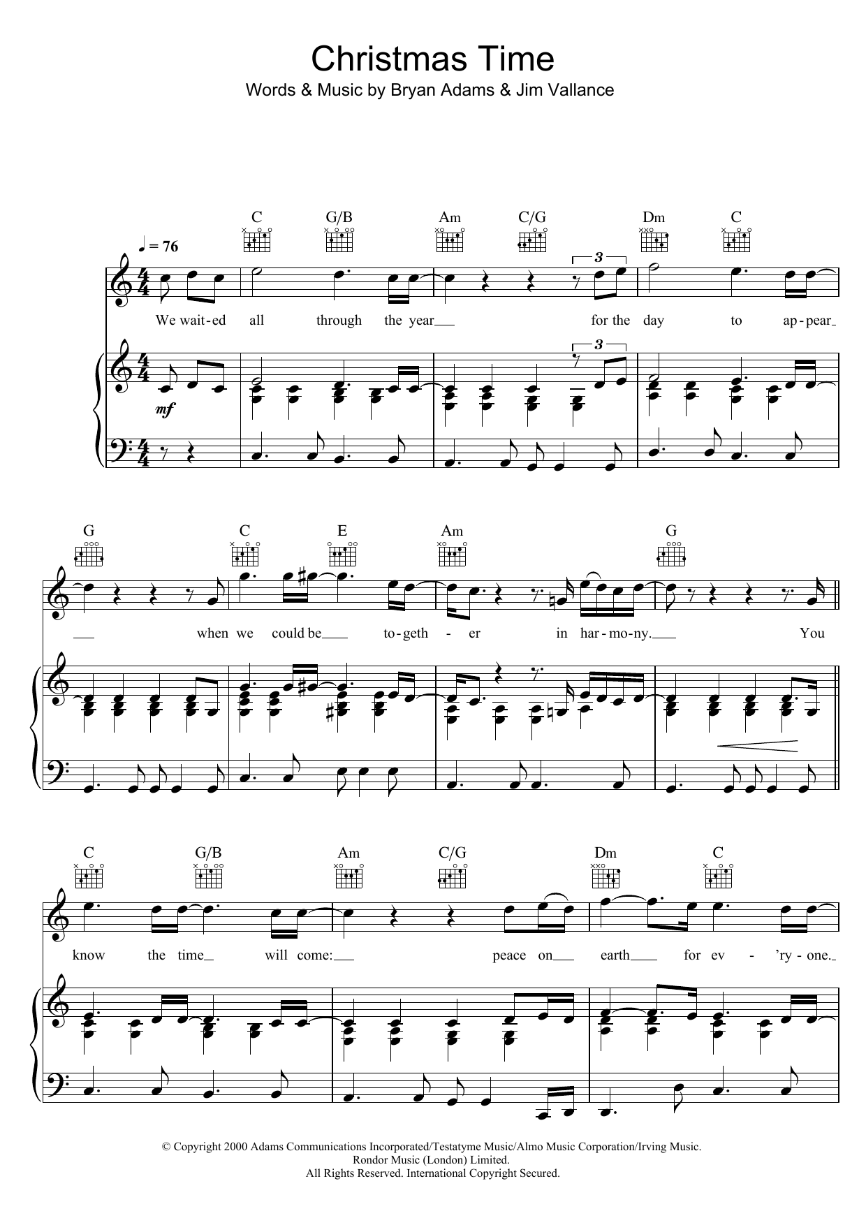 Bryan Adams Christmas Time sheet music notes and chords. Download Printable PDF.