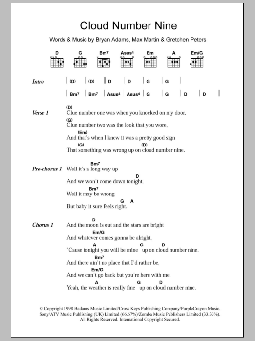 Learn to play Bryan Adams Cloud Number Nine sheet music for Guitar Tab in minutes. Price: 7.8900$ Bryan Adams Cloud Number Nine sheet music notes and chords arranged for Guitar Tab