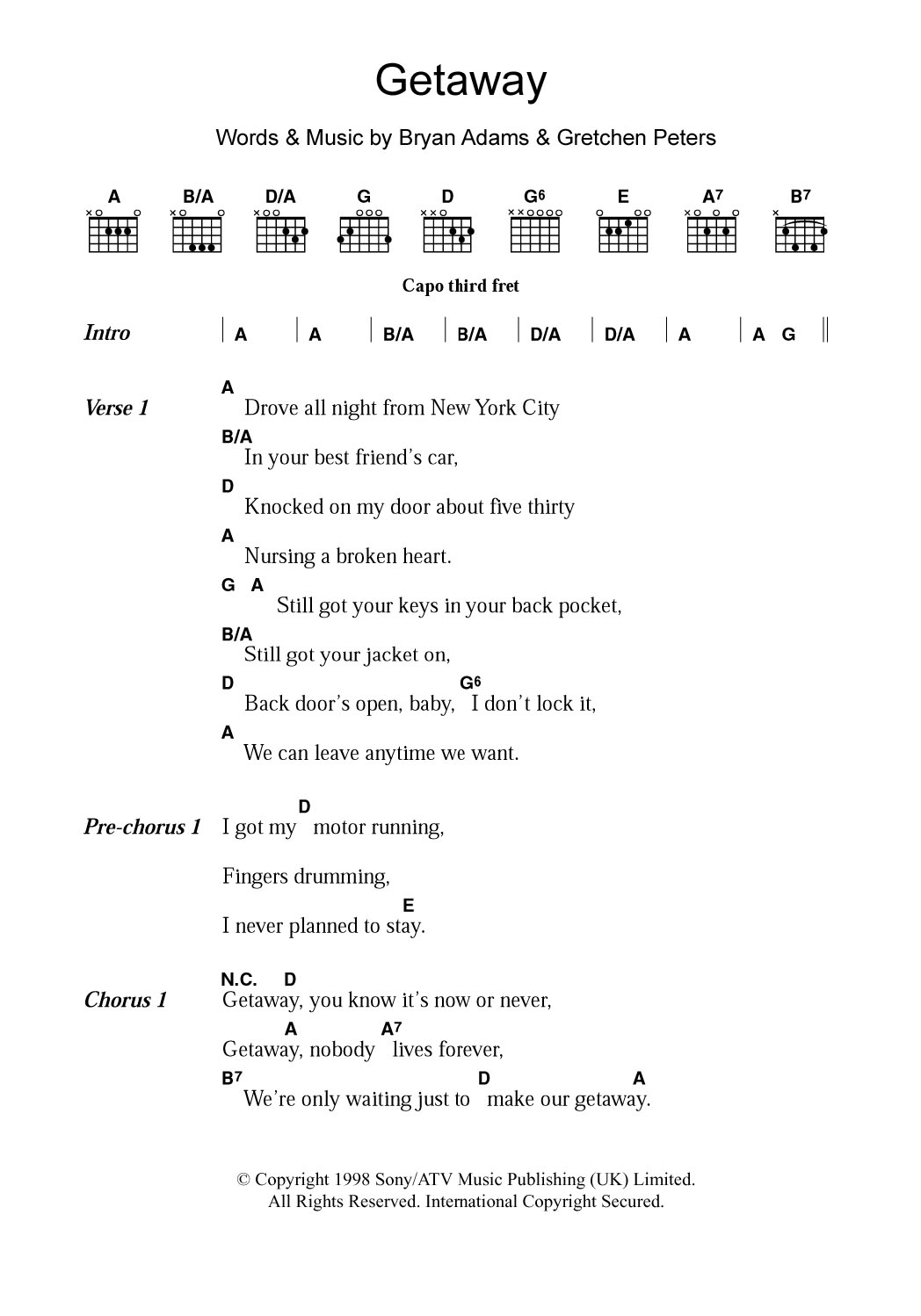 Bryan Adams Getaway sheet music notes and chords. Download Printable PDF.