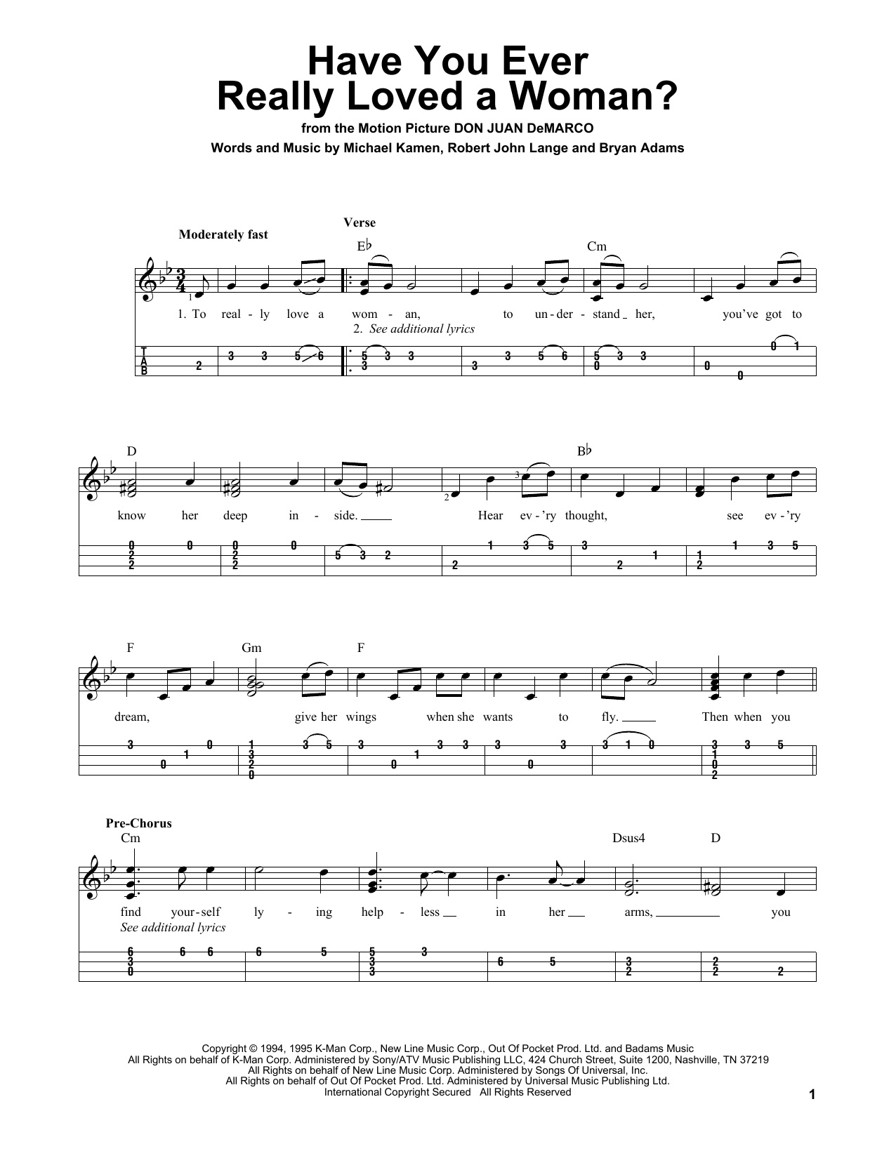 Bryan Adams Have You Ever Really Loved A Woman? (from Don Juan DeMarco) sheet music notes and chords arranged for Piano, Vocal & Guitar Chords