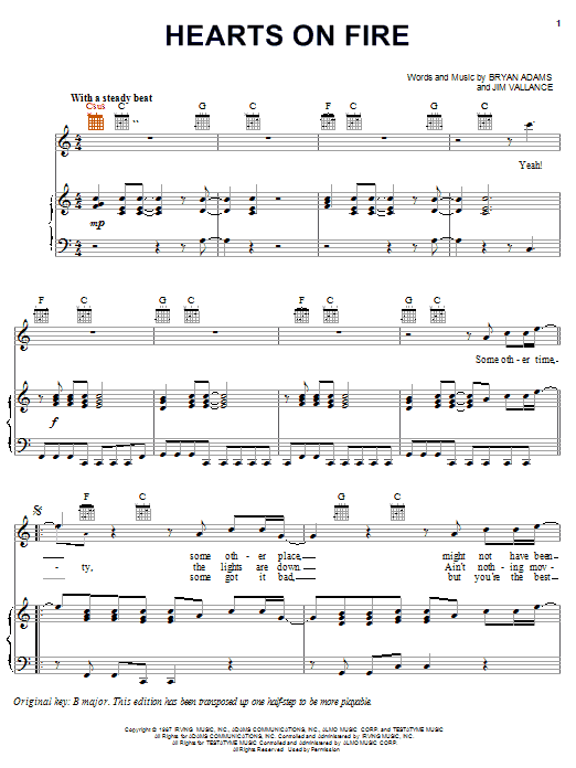 Learn to play Bryan Adams Hearts On Fire sheet music for Piano, Vocal & Guitar Chords (Right-Hand Melody) in minutes. Price: 7.8900$ Bryan Adams Hearts On Fire sheet music notes and chords arranged for Piano, Vocal & Guitar Chords (Right-Hand Melody)