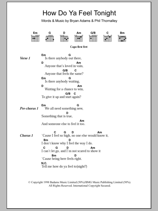 Bryan Adams How Do Ya Feel Tonight sheet music notes and chords. Download Printable PDF.