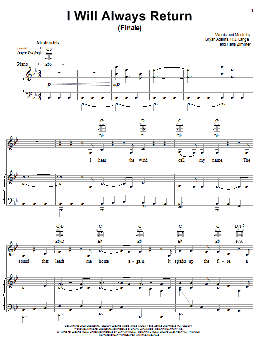 Learn to play Bryan Adams I Will Always Return (Finale) sheet music for Piano, Vocal & Guitar Chords (Right-Hand Melody) in minutes. Price: 7.8900$ Bryan Adams I Will Always Return (Finale) sheet music notes and chords arranged for Piano, Vocal & Guitar Chords (Right-Hand Melody)
