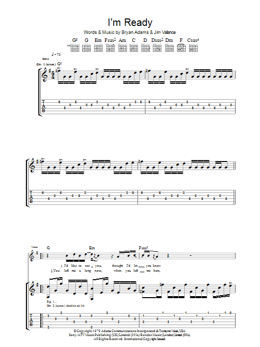 Bryan Adams I'm Ready sheet music notes and chords. Download Printable PDF.