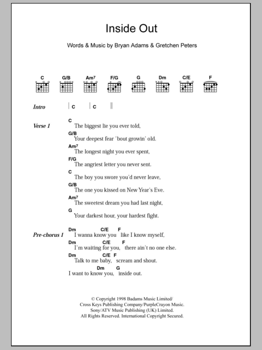 Bryan Adams Inside Out sheet music notes and chords arranged for Guitar Chords/Lyrics