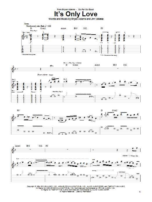 Bryan Adams It's Only Love sheet music notes and chords. Download Printable PDF.