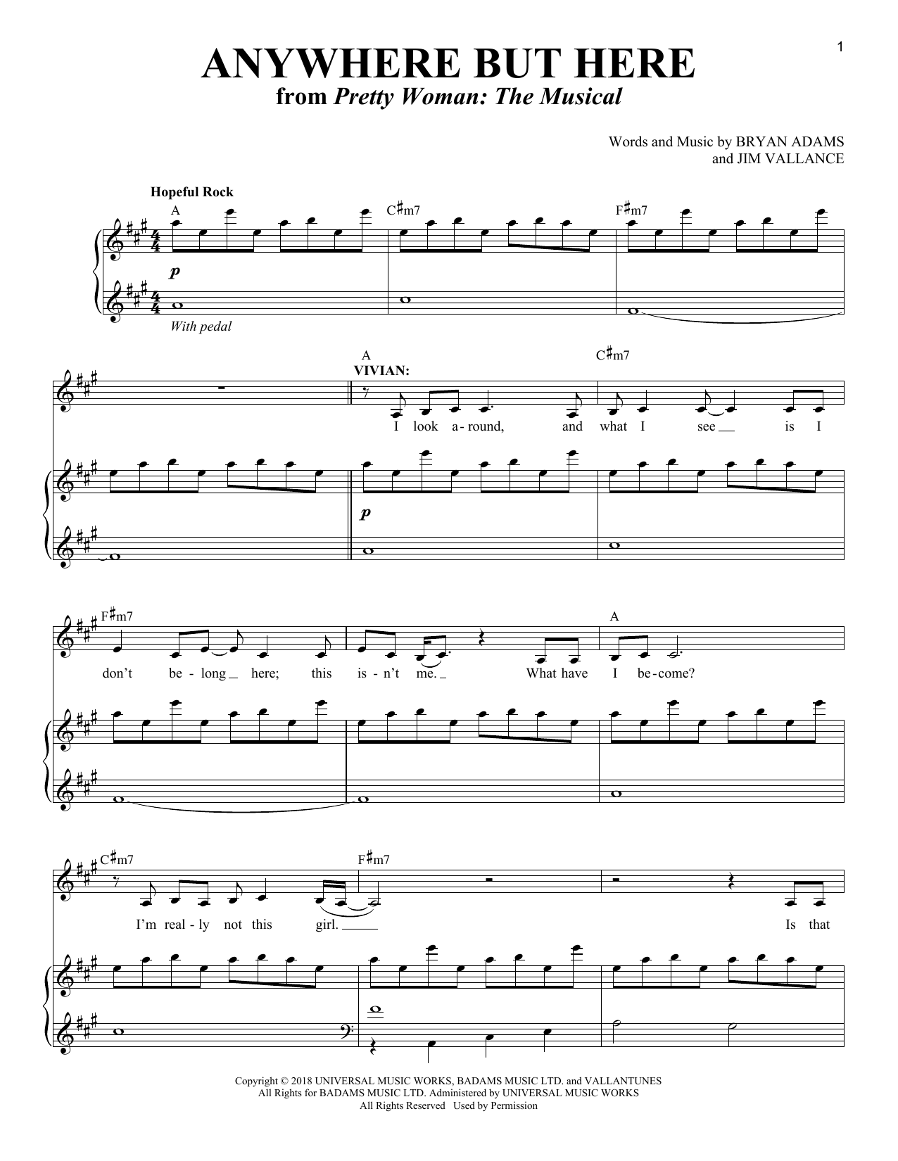 Bryan Adams & Jim Vallance Anywhere But Here (from Pretty Woman: The Musical) sheet music notes and chords. Download Printable PDF.