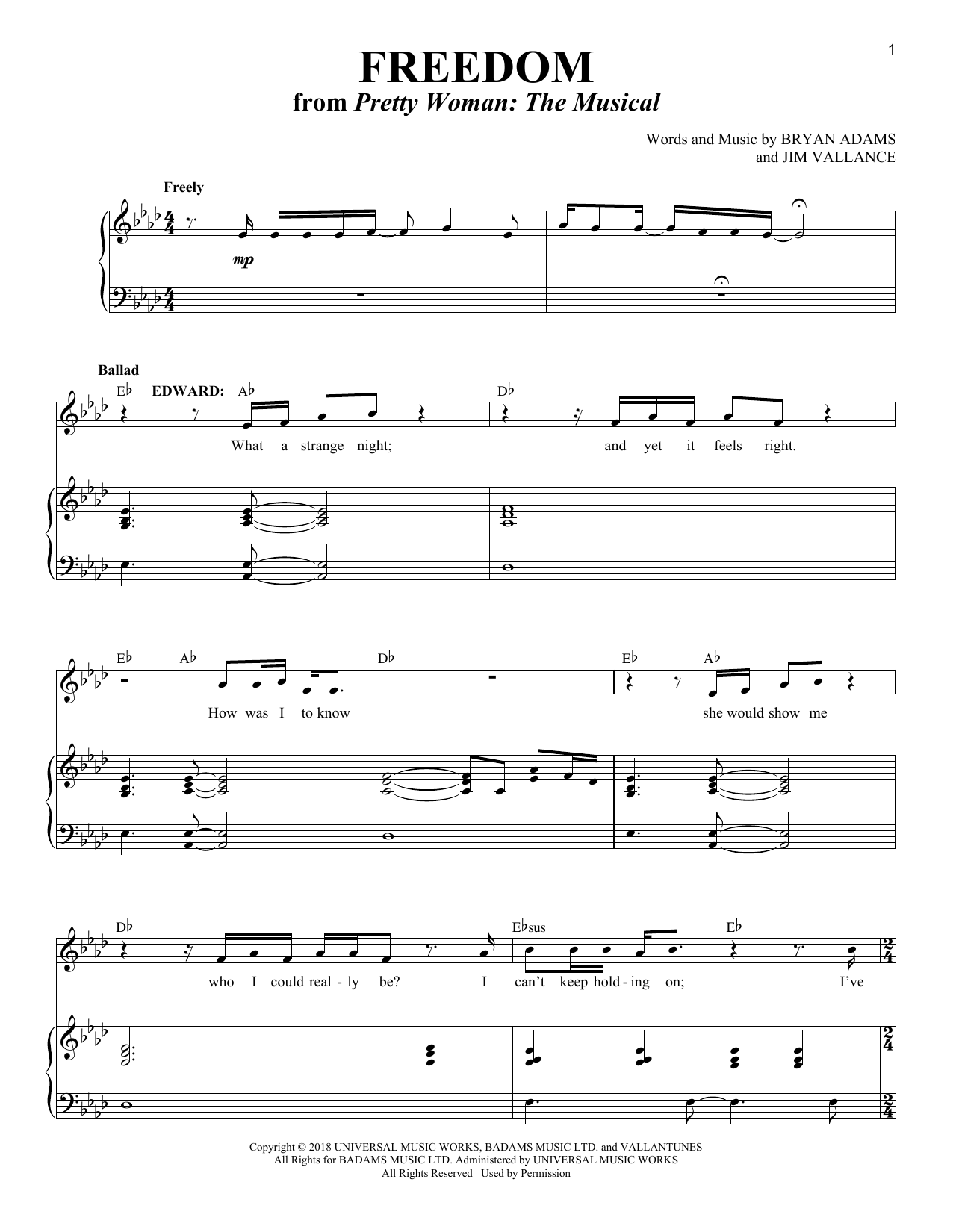 Bryan Adams & Jim Vallance Freedom (from Pretty Woman: The Musical) sheet music notes and chords arranged for Piano & Vocal