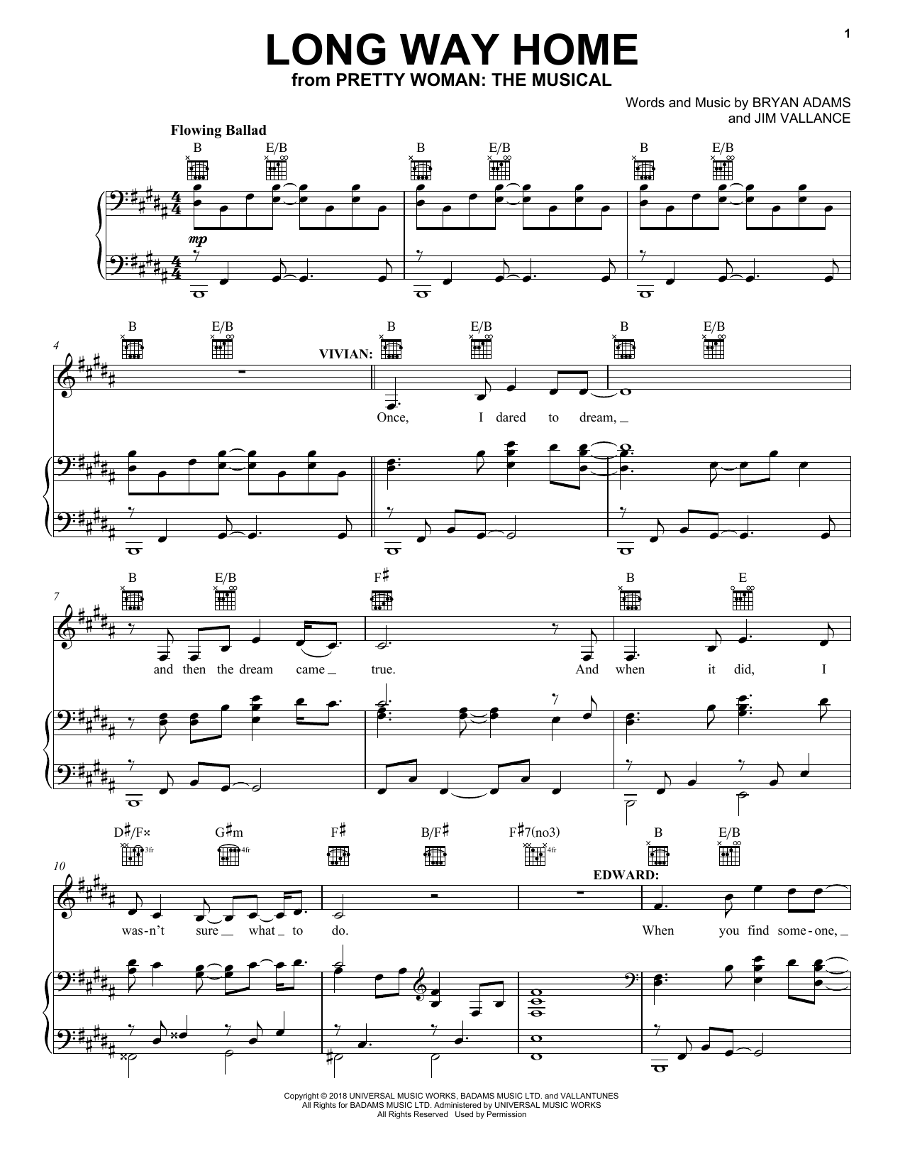 Bryan Adams & Jim Vallance Long Way Home (from Pretty Woman: The Musical) sheet music notes and chords. Download Printable PDF.