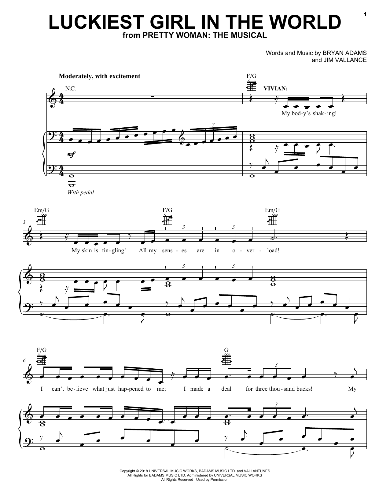 Bryan Adams & Jim Vallance Luckiest Girl In The World (from Pretty Woman: The Musical) sheet music notes and chords. Download Printable PDF.