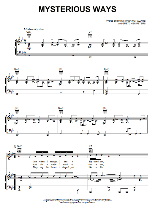 Learn to play Bryan Adams Mysterious Ways sheet music for Piano, Vocal & Guitar Chords (Right-Hand Melody) in minutes. Price: 7.8900$ Bryan Adams Mysterious Ways sheet music notes and chords arranged for Piano, Vocal & Guitar Chords (Right-Hand Melody)