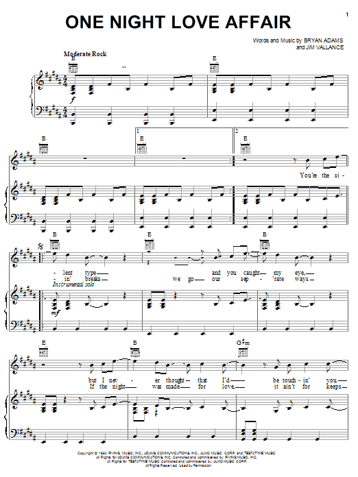 Learn to play Bryan Adams One Night Love Affair sheet music for Piano, Vocal & Guitar Chords (Right-Hand Melody) in minutes. Price: 7.8900$ Bryan Adams One Night Love Affair sheet music notes and chords arranged for Piano, Vocal & Guitar Chords (Right-Hand Melody)