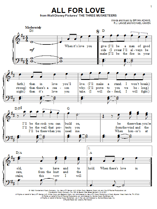 Bryan Adams, Rod Stewart & Sting All For Love sheet music notes and chords. Download Printable PDF.