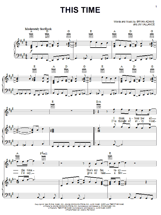 Learn to play Bryan Adams This Time sheet music for Piano, Vocal & Guitar Chords (Right-Hand Melody) in minutes. Price: 7.8900$ Bryan Adams This Time sheet music notes and chords arranged for Piano, Vocal & Guitar Chords (Right-Hand Melody)