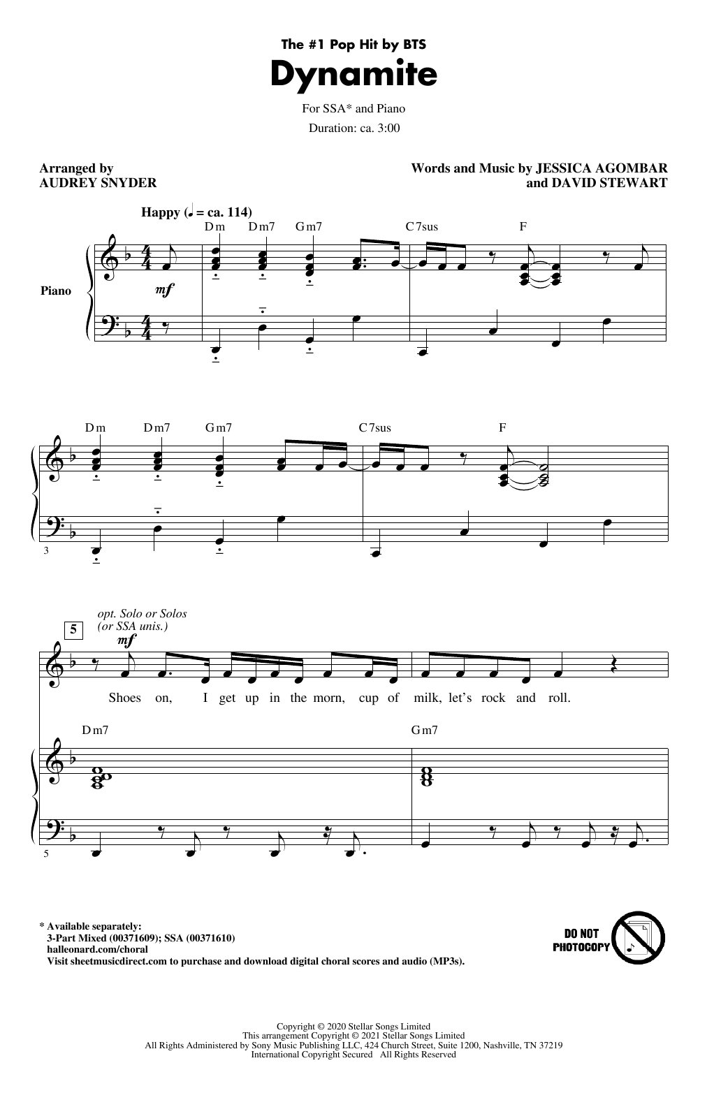 Learn to play BTS Dynamite (arr. Audrey Snyder) sheet music for SSA Choir in minutes. Price: 3.9900$ BTS Dynamite (arr. Audrey Snyder) sheet music notes and chords arranged for SSA Choir