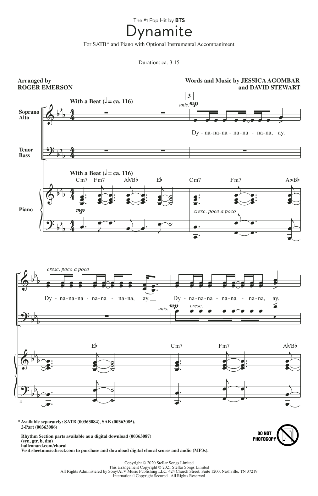 BTS Dynamite (arr. Roger Emerson) sheet music notes and chords. Download Printable PDF.