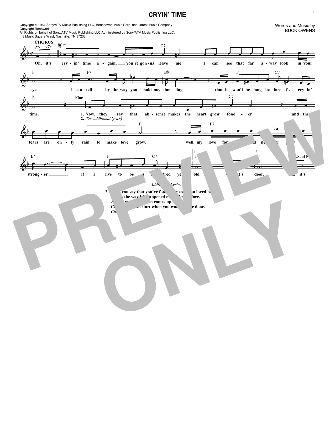 Buck Owens Cryin' Time sheet music notes and chords arranged for Real Book – Melody, Lyrics & Chords