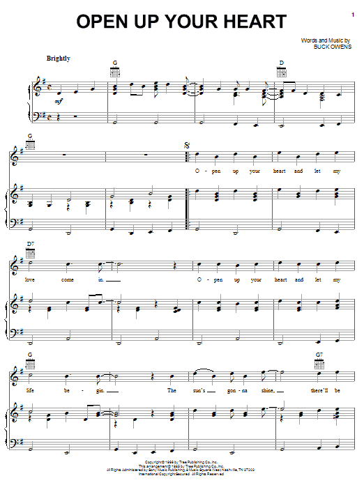 Learn to play Buck Owens Open Up Your Heart sheet music for Piano, Vocal & Guitar Chords (Right-Hand Melody) in minutes. Price: 7.8900$ Buck Owens Open Up Your Heart sheet music notes and chords arranged for Piano, Vocal & Guitar Chords (Right-Hand Melody)