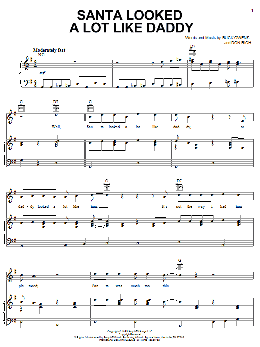 Learn to play Buck Owens Santa Looked A Lot Like Daddy sheet music for Piano, Vocal & Guitar Chords (Right-Hand Melody) in minutes. Price: 7.8900$ Buck Owens Santa Looked A Lot Like Daddy sheet music notes and chords arranged for Piano, Vocal & Guitar Chords (Right-Hand Melody)
