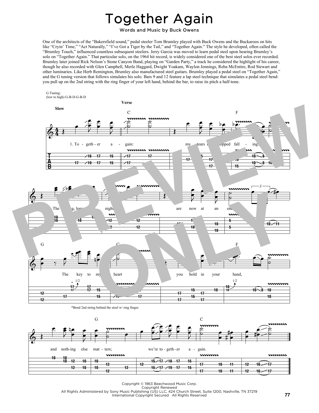 Learn to play Buck Owens Together Again (arr. Fred Sokolow) sheet music for Guitar Tab in minutes. Price: 7.8900$ Buck Owens Together Again (arr. Fred Sokolow) sheet music notes and chords arranged for Guitar Tab