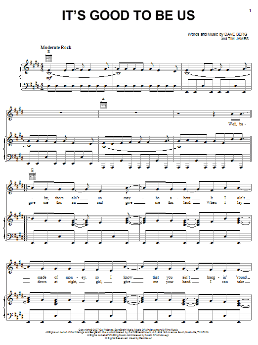 Learn to play Bucky Covington It's Good To Be Us sheet music for Piano, Vocal & Guitar Chords (Right-Hand Melody) in minutes. Price: 7.8900$ Bucky Covington It's Good To Be Us sheet music notes and chords arranged for Piano, Vocal & Guitar Chords (Right-Hand Melody)